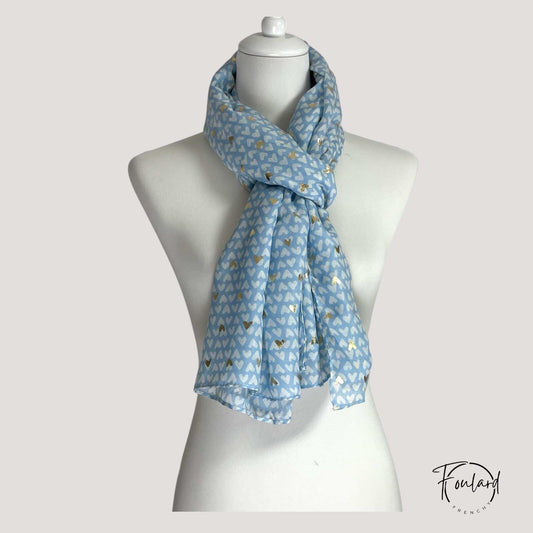 Foulard femme bleu  à motif cœur doré
