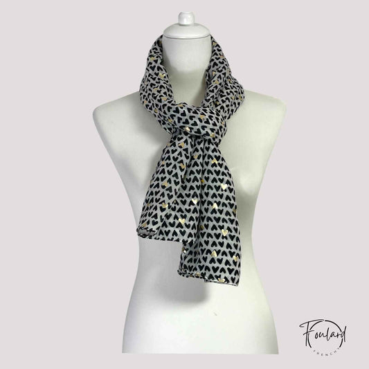 Foulard femme noir à motif cœur doré