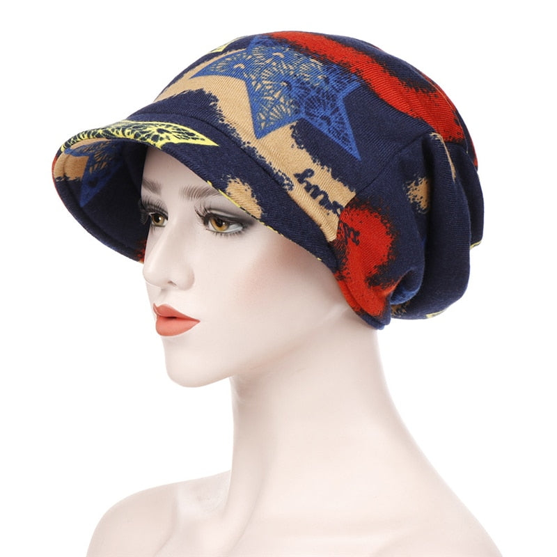 La casquette foulard CLARA pour femme, Mode ou chimio, bleu marine à motifs