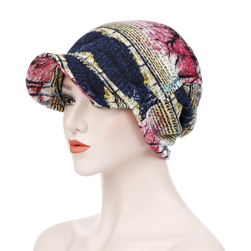 Le foulard chimio type casquette pour femme NOEMIE bleu marin et rose à motifs dessins chez  Foulard Frenchy
