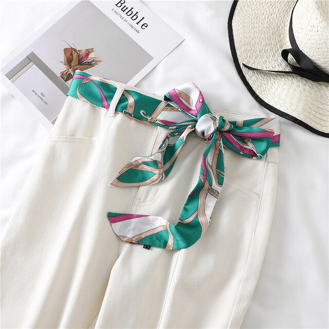 Foulard ceinture pour pantalon ou robe, vert blanc crème et rose à motifs, pour femme, de chez foulard frenchy